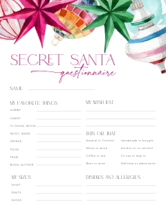 CH078-07 8x10" Secret Santa Questionnaire - Bright Christmas: CH078-07 Secret Santa Questionnaire - Bright Christmas