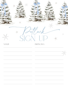 CH077-06 8.5x11" Potluck Sign Up Sheet - Christmas Tree Blue Bow: CH077-06 Potluck Sign Up Sheet - Christmas Tree Blue Bow