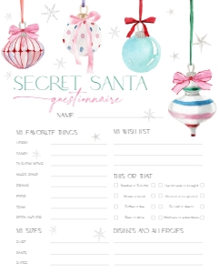 CH079-07 8x10" Secret Santa Questionnaire - Pastel Christmas Ornaments: CH079-07 Secret Santa Questionnaire - Pastel Christmas Ornaments