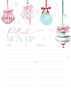 CH079-06 8x10" Potluck Sign Up Sheet - Pastel Christmas Ornaments: CH079-06 Potluck Sign Up Sheet - Pastel Christmas Ornaments