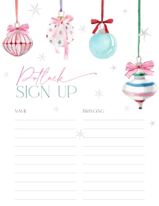 CH079-06 8.5x11" Potluck Sign Up Sheet - Pastel Christmas Ornaments: CH079-06 Potluck Sign Up Sheet - Pastel Christmas Ornaments