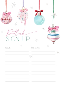 CH079-06 DIN A4 Potluck Sign Up Sheet - Pastel Christmas Ornaments: CH079-06 Potluck Sign Up Sheet - Pastel Christmas Ornaments