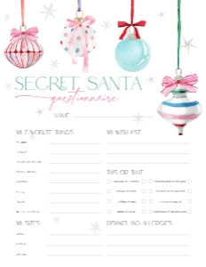CH079-07 8.5x11" Secret Santa Questionnaire - Pastel Christmas Ornaments: CH079-07 Secret Santa Questionnaire - Pastel Christmas Ornaments