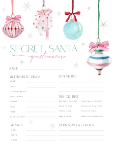 CH079-07 Secret Santa Questionnaire - Pastel Christmas Ornaments design preview