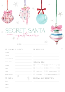 CH079-07 DIN A4 Secret Santa Questionnaire - Pastel Christmas Ornaments: CH079-07 Secret Santa Questionnaire - Pastel Christmas Ornaments