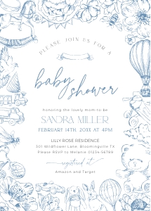 BB092-01 5x7 Invitation - Blue Toile de Jouy Floral Nursery: BB092-01 Invitation - Blue Toile de Jouy Floral Nursery