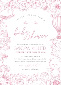 BB093-01 5x7 Invitation - Pink Toile de Jouy Floral Nursery: BB093-01 Invitation - Pink Toile de Jouy Floral Nursery