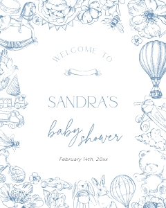 BB092-11 8x10" Welcome Sign - Blue Toile de Jouy Floral Nursery: BB092-11 Welcome Sign - Blue Toile de Jouy Floral Nursery