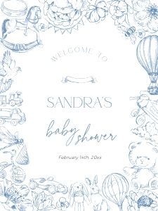BB092-11 18x24" Welcome Sign - Blue Toile de Jouy Floral Nursery: BB092-11 Welcome Sign - Blue Toile de Jouy Floral Nursery