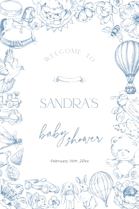 BB092-11 20x30" Welcome Sign - Blue Toile de Jouy Floral Nursery: BB092-11 Welcome Sign - Blue Toile de Jouy Floral Nursery