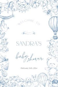 BB092-11 24x36" Welcome Sign - Blue Toile de Jouy Floral Nursery: BB092-11 Welcome Sign - Blue Toile de Jouy Floral Nursery