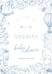 BB092-11 DIN A2 Welcome Sign - Blue Toile de Jouy Floral Nursery: BB092-11 Welcome Sign - Blue Toile de Jouy Floral Nursery