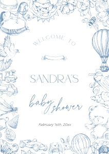 BB092-11 DIN A1 Welcome Sign - Blue Toile de Jouy Floral Nursery: BB092-11 Welcome Sign - Blue Toile de Jouy Floral Nursery