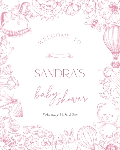 BB093-11 8x10" Welcome Sign - Pink Toile de Jouy Floral Nursery: BB093-11 Welcome Sign - Pink Toile de Jouy Floral Nursery