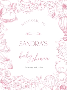 BB093-11 18x24" Welcome Sign - Pink Toile de Jouy Floral Nursery: BB093-11 Welcome Sign - Pink Toile de Jouy Floral Nursery