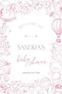 BB093-11 20x30" Welcome Sign - Pink Toile de Jouy Floral Nursery: BB093-11 Welcome Sign - Pink Toile de Jouy Floral Nursery