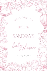 BB093-11 24x36" Welcome Sign - Pink Toile de Jouy Floral Nursery: BB093-11 Welcome Sign - Pink Toile de Jouy Floral Nursery