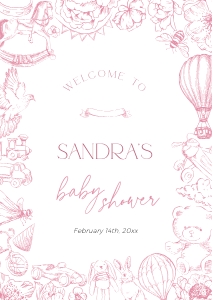 BB093-11 DIN A2 Welcome Sign - Pink Toile de Jouy Floral Nursery: BB093-11 Welcome Sign - Pink Toile de Jouy Floral Nursery