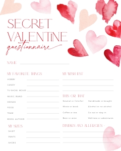 CH084-07 8x10" Secret Valentine Questionnaire - Red Hearts: CHB84-02 Secret Valentine Set - Red Hearts