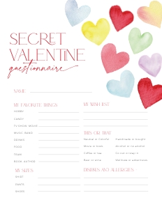 CH086-07 8.5x11" Secret Valentine Questionnaire - Colorful Hearts: CHB86-02 Secret Valentine Set - Colorful Hearts