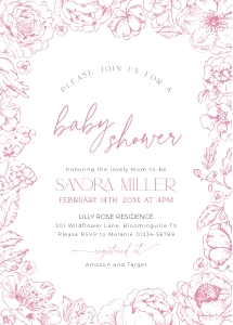 BB095-01 5x7 Invitation - Pink Toile de Jouy Flowers: BB095-01 Invitation - Pink Toile de Jouy Flowers