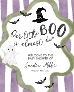 BB106-11 8x10" Welcome Sign - Halloween Bats: Purple Little Boo is Almost Due Baby Shower Welcome Sign