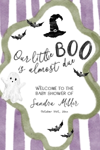 BB106-11 24x36" Welcome Sign - Halloween Bats: Purple Little Boo is Almost Due Baby Shower Welcome Sign