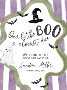 BB106-11 18x24" Welcome Sign - Halloween Bats: Purple Little Boo is Almost Due Baby Shower Welcome Sign
