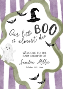 BB106-11 DIN A1 Welcome Sign - Halloween Bats: Purple Little Boo is Almost Due Baby Shower Welcome Sign