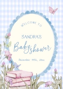 BBxx6-11 DIN A2 Welcome Sign - Storybook Blue Gingham: Storybook Baby Shower Welcome Sign Template
