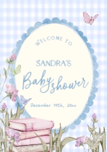 BBxx6-11 DIN A1 Welcome Sign - Storybook Blue Gingham: Storybook Baby Shower Welcome Sign Template