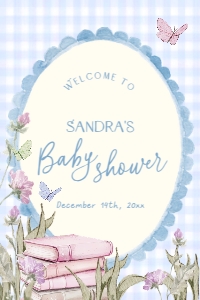 BB118-11 20x30" Welcome Sign - Storybook Blue Gingham: Storybook Baby Shower Welcome Sign Template