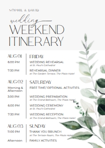 D001 Wedding Itinerary: D001 Wedding Itinerary