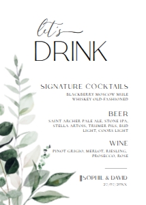 D001 Bar Menu Sign 5x7: D001 Wedding Signage Bundle