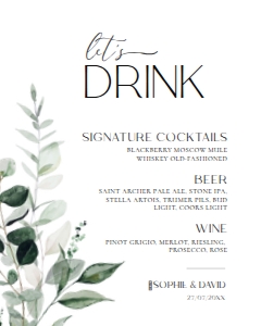 D001 Bar Menu Sign 8x10: D001 Wedding Signage Bundle