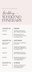 E033 Wedding Itinerary 4x9 A: E033 Wedding Itinerary
