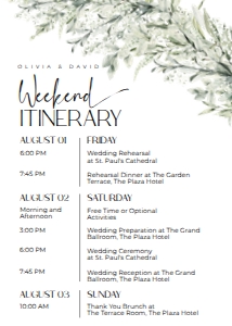E038 Wedding Itinerary 5x7 A: E038 Wedding Itinerary