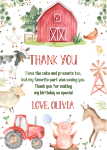 F101 - Farm thank you card: F101 - Boy Farm Party Package