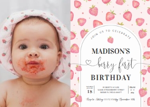 BF01 - Berry first strawberry invitation with photo: BF01 - Berry first strawberry invitation with photo