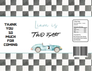 R101 - Race car chip bag label: R101 - Two Fast Birthday Package