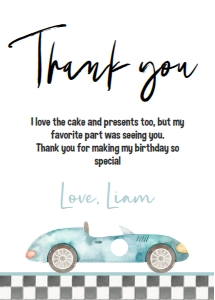 R101 - Race car thank you card: R101 - Two Fast Birthday Package