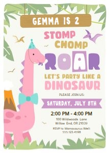 Invitation Dinosaur Girls v2: Dinosaur v2 Girls Invitation - 5 x 7