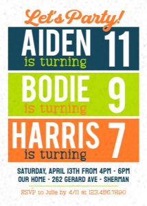 Color Blocks Triple Birthday Invitation 3: Color Blocks Triple Birthday Invitation Template