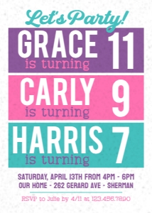 Color Blocks Triple Birthday Invitation 2: Color Blocks Triple Birthday Invitation Template