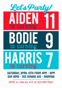 Color Blocks Triple Birthday Invitation 4: Color Blocks Triple Birthday Invitation Template