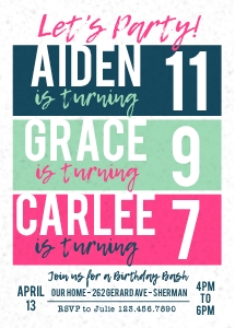 Color Blocks Triple Birthday Invitation Template design preview