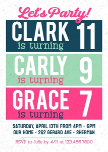 Color Blocks Triple Birthday Invitation 1: Color Blocks Triple Birthday Invitation Template