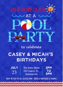 Pool Party Joint Birthday Invitation Template for 1 or 2 Kids design preview