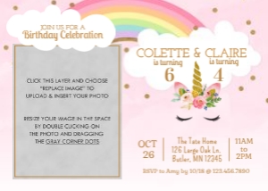 Rainbow Unicorn Double Birthday Invitation JB9: Rainbow Unicorn Girls Birthday Invitation Template