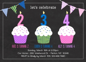 Triple Cupcake Three Child Birthday Invitation design preview